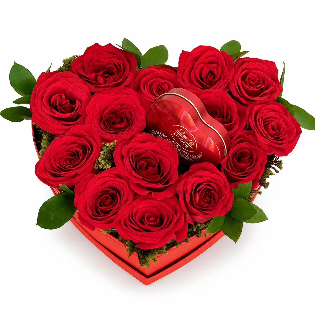 Caixa Coração de Rosas Colombianas e Chocolate Lindt