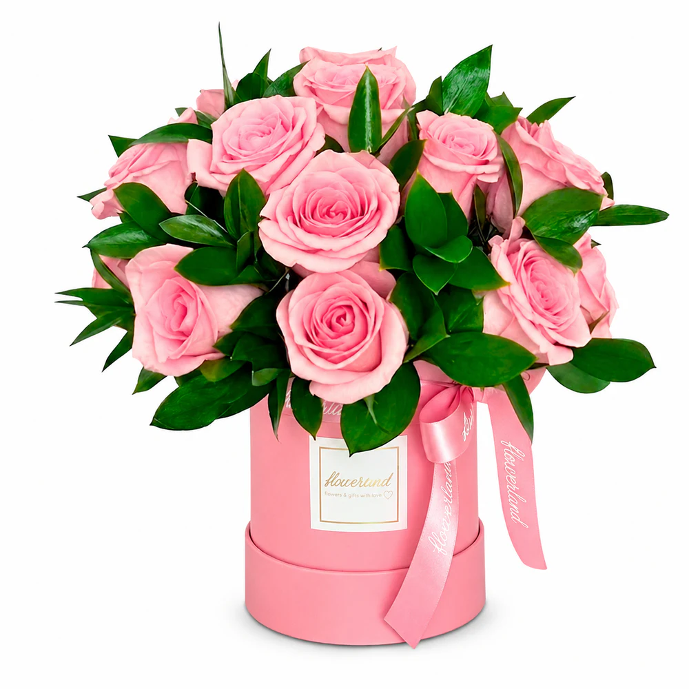 Caixa Penelope de 18 Rosas Colombianas Cor de Rosa