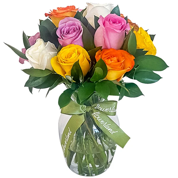 VASO 12 ROSAS COLORIDAS | Flowerland, floricultura com entrega no Rio de Janeiro