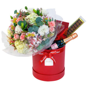 cesta de flores e chocolates