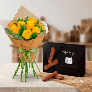 Buquê de 12 Rosas Amarelas com Chocolate Língua de Gato 85g